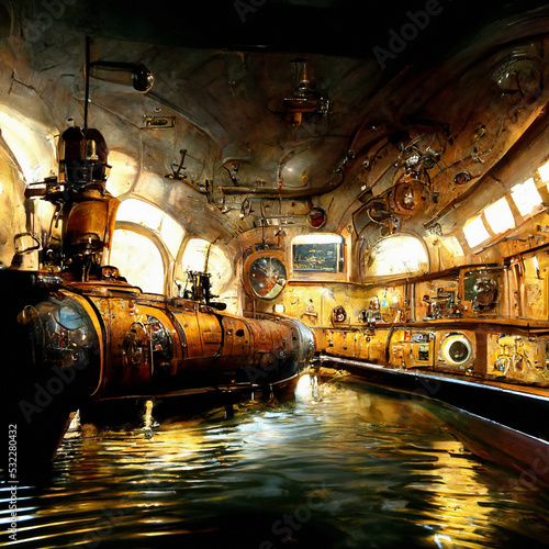 Fotografie, Obraz Steampunk fantasy:  adventure and exploration of the deep sea with submarine shi