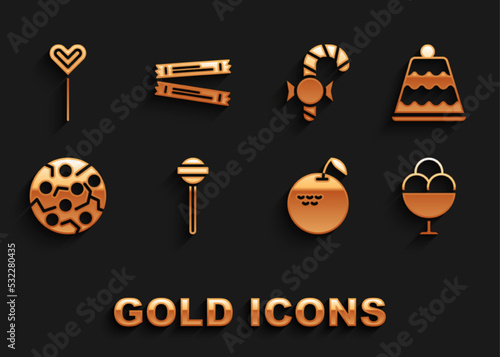 Set Lollipop, Cake, Ice cream in bowl, Apple, Cookie or biscuit, Christmas candy cane, and Sugar stick packets icon. Vector
