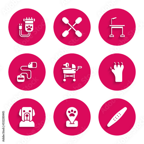 Set Pet stroller, Location pet grooming, Nail file, Paw print, Dog, Retractable cord leash, and Hair clipper icon. Vector