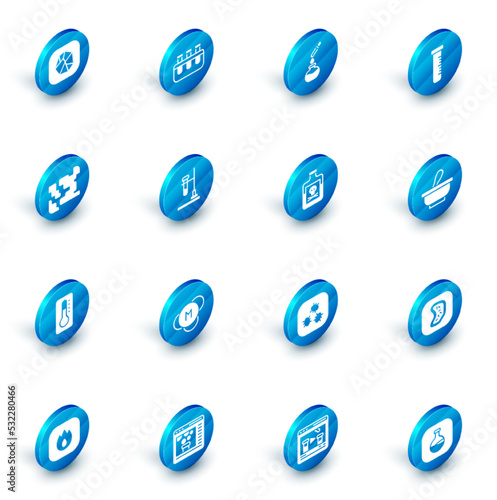 Set Test tube and flask, Gaseous, Medical thermometer, on fire, Mortar pestle and Poison in bottle icon. Vector