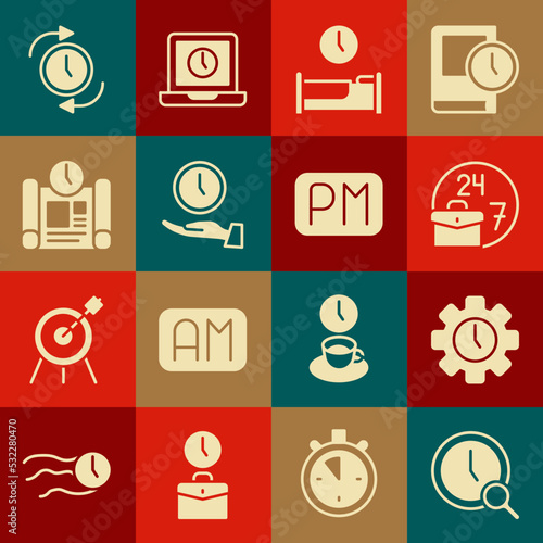 Set Magnifying glass with clock, Time Management, Always busy, to sleep, Clock, Project time plan, arrow and Day icon. Vector