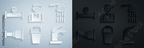 Set Bucket, Shower, Pipe adapter, Water tap, Plumber and Industry pipe and manometer icon. Vector