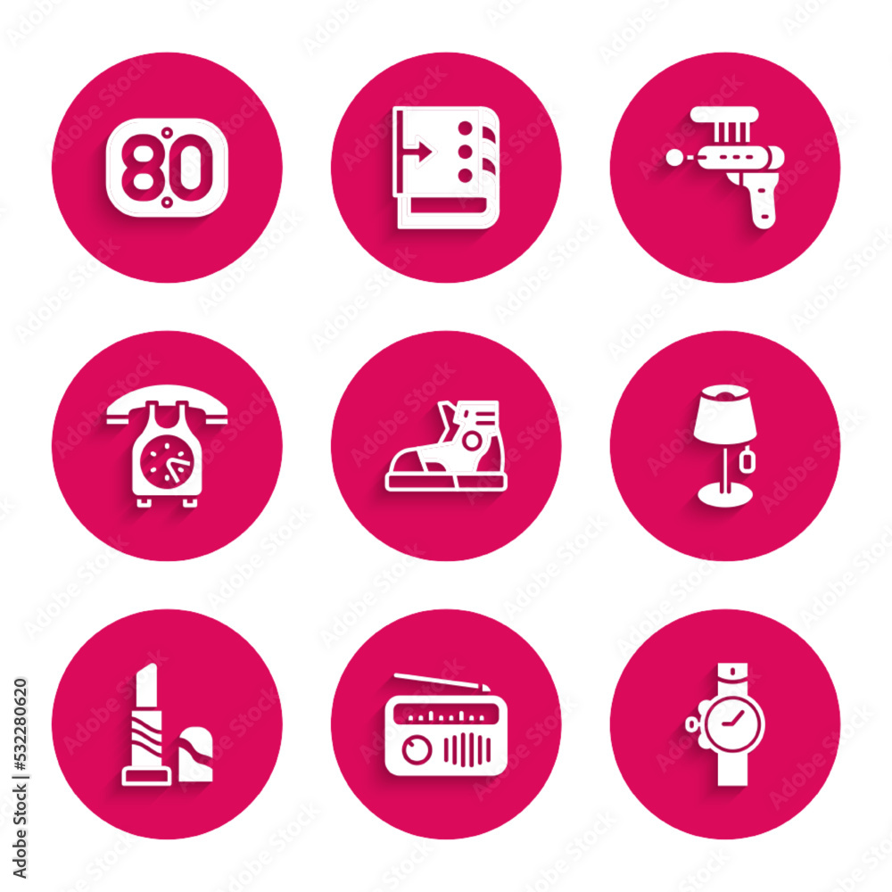 Set Sport sneakers, Radio with antenna, Wrist watch, Floor lamp, Lipstick, Telephone handset, Ray gun and 80s Retro icon. Vector Set Sport sneakers, Radio with antenna, Wrist watch, Floor lamp, Lipstick, Telephone handset, Ray gun and 80s Retro icon. Vector