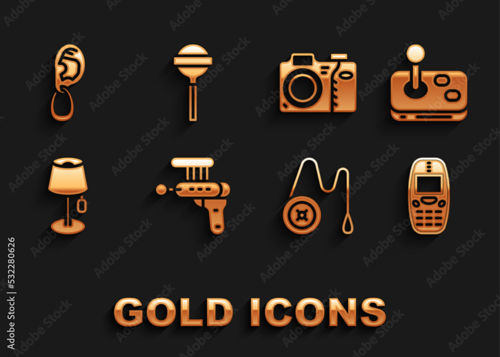 Set Ray gun, Joystick, Old mobile phone, Yoyo toy, Floor lamp, Photo camera, Ear with earring and Lollipop icon. Vector Set Ray gun, Joystick, Old mobile phone, Yoyo toy, Floor lamp, Photo camera, Ear with earring and Lollipop icon. Vector
