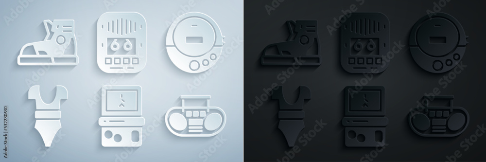 Set Tetris, Music CD player, Swimsuit, Home stereo with two speakers, Cassette tape and Sport sneakers icon. Vector Set Tetris, Music CD player, Swimsuit, Home stereo with two speakers, Cassette tape and Sport sneakers icon. Vector