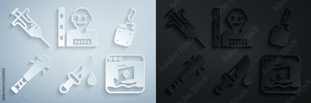 Set Bloody knife, Lighter, Baseball bat with nails, Internet piracy, Suspect criminal and Syringe icon. Vector Set Bloody knife, Lighter, Baseball bat with nails, Internet piracy, Suspect criminal and Syringe icon. Vector