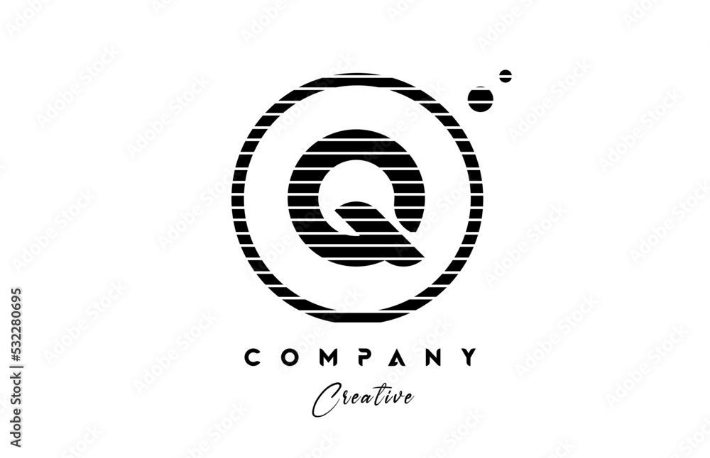 Q alphabet letter logo icon design with line stripe and circle. Black and white creative template for company and business Q alphabet letter logo icon design with line stripe and circle. Black and white creative template for company and business
