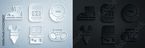 Set Tetris, Music CD player, Swimsuit, Home stereo with two speakers, Cassette tape and Sport sneakers icon. Vector
