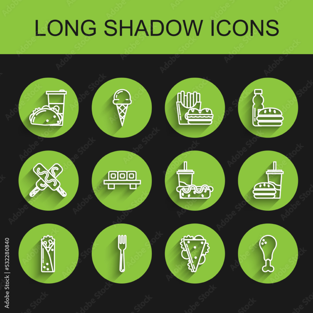 Set line Doner kebab, Fork, Paper glass and taco with tortilla, Sandwich, Chicken leg, Sushi cutting board, drinking straw burger and hotdog icon. Vector Set line Doner kebab, Fork, Paper glass and taco with tortilla, Sandwich, Chicken leg, Sushi cutting board, drinking straw burger and hotdog icon. Vector