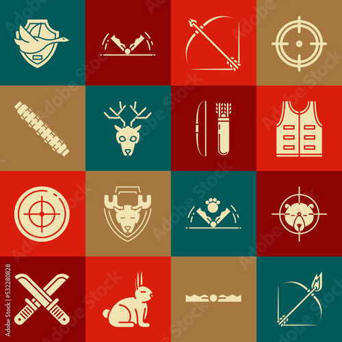 Set Bow and fire arrow, Hunt on bear with crosshairs, Hunting jacket, quiver, Deer head antlers, cartridge belt cartridges, Flying duck shield and icon. Vector