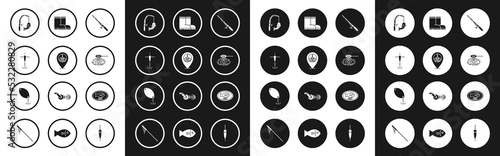 Set Fishing rod, Location fishing, hook and float, net water, boots, trophy hanging the board and spoon icon. Vector