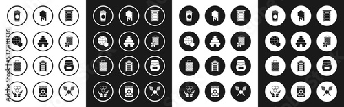 Set Hive for bees, Honeycomb map of the world, Cup tea with honey, Bee and honeycomb, Jar and icon. Vector
