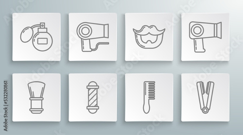 Set line Shaving brush, Hair dryer, Classic Barber shop pole, Hairbrush, Curling iron for hair, Mustache and beard, and Aftershave icon. Vector
