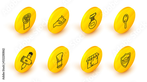 Set line Mustache and beard on shield, Barbershop building, Shaving brush, Crossed electrical hair clipper or shaver, Hand mirror, Cream lotion cosmetic tube, gel foam hand and Electrical icon. Vector