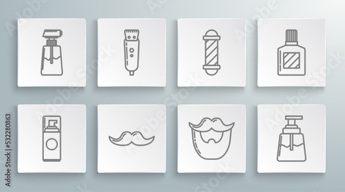 Set line Shaving gel foam, Electrical hair clipper or shaver, Mustache, and beard, Aftershave, Classic Barber shop pole, and Cream lotion cosmetic tube icon. Vector
