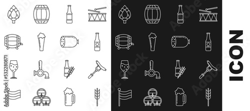 Set line Cereals set with rice, wheat, corn, oats, rye, barley, Sausage on the fork, Beer bottle, Glass of beer, Wooden barrel rack stopcock, Hop and Salami sausage icon. Vector