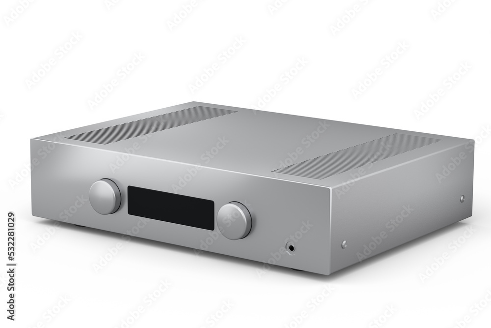 HiFi system with turntable and amplifier for home theater on white background. HiFi system with turntable and amplifier for home theater on white background.