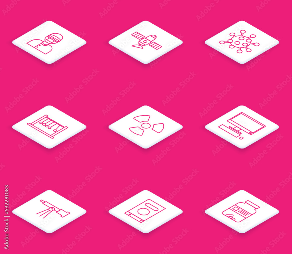 Set line Assistant, Satellite, Bacteria, Pendulum, Radioactive, Computer monitor with keyboard and mouse, Telescope and Book icon. Vector Set line Assistant, Satellite, Bacteria, Pendulum, Radioactive, Computer monitor with keyboard and mouse, Telescope and Book icon. Vector