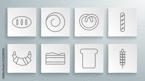 Set line Croissant, Roll bun with cinnamon, Brownie chocolate cake, Bread toast, Cereals rice, wheat, corn, oats, rye, Pretzel, French baguette bread and loaf icon. Vector