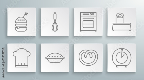 Set line Chef hat, Kitchen whisk, Homemade pie, Pretzel, timer, Oven, Scales and Burger icon. Vector
