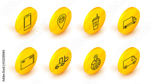 Set line Delivery cargo truck vehicle, Forklift, Envelope, Coffee cup, Placeholder on map paper and Mobile phone with app delivery tracking icon. Vector
