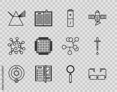 Set line Solar system, Glasses, Battery, Notebook, Light rays in prism, Processor, Magnifying glass and Pipette icon. Vector