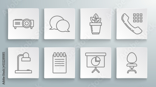 Set line Table lamp, schedule, chart, diagram, infographic, pie graph, Office chair, Flowers pot, Telephone handset and Presentation, movie, film, media projector icon. Vector