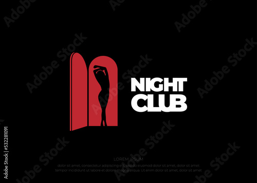 Sexy Girl Silhouette with Red Door for Bar Nightclub or Strip Dancer Logo Design on black background 