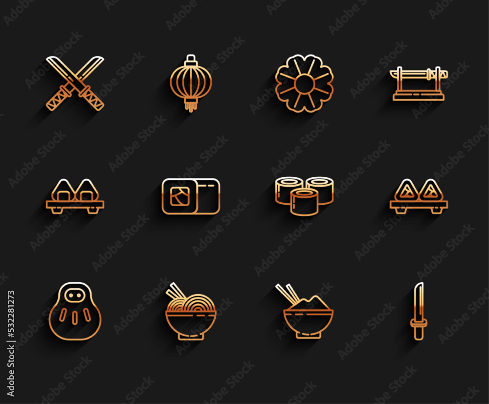 Set line Maneki neko cat, Asian noodles in bowl and chopsticks, Traditional Japanese katana, Rice with, Sushi, cutting board and icon. Vector Set line Maneki neko cat, Asian noodles in bowl and chopsticks, Traditional Japanese katana, Rice with, Sushi, cutting board and icon. Vector