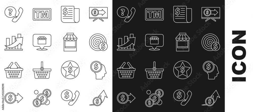Set line Financial growth and coin, Target with dollar symbol, news, Online shopping concept, Telephone handset speech bubble chat and Shopping building or market store icon. Vector Set line Financial growth and coin, Target with dollar symbol, news, Online shopping concept, Telephone handset speech bubble chat and Shopping building or market store icon. Vector
