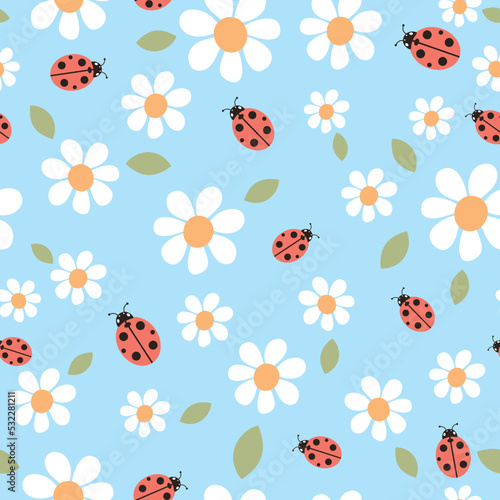 Fényképezés Seamless pattern with ladybugs and daisies