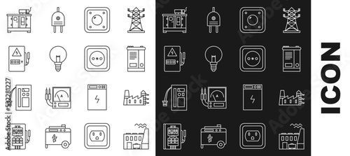 Set line Coal power plant and factory, Power station, Car battery, Electric light switch, Light bulb, Electrical panel, Diesel generator and outlet icon. Vector