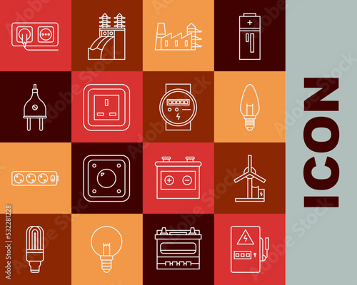 Set line Electrical panel, Wind turbine, Light bulb, Power station plant and factory, outlet, plug, and meter icon. Vector