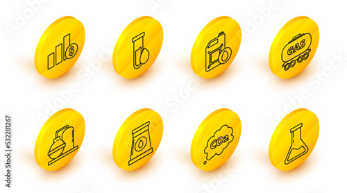 Set line Test tube and flask, Oil gas industrial factory building, Gas railway cistern, Canister for motor machine oil, petrol test and Pie chart infographic dollar icon. Vector