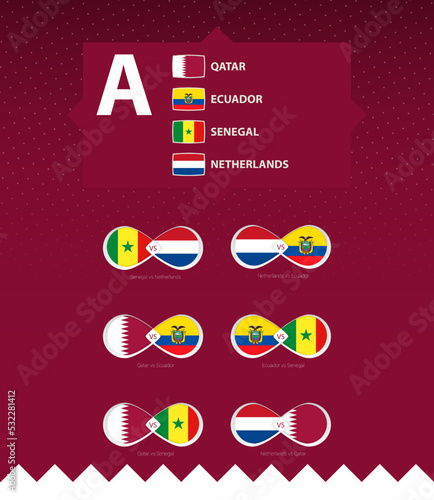 Group A of football tournament, flags and match icon set.