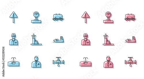 Set line Oilfield, Businessman or stock market trader, Exclamation triangle, Broken pipe with leaking water, pump pump jack, tanker ship, Oilman and Gauge scale icon. Vector