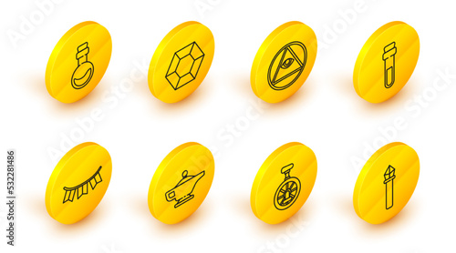 Set line Magic staff, Unicycle or one wheel bicycle, lamp Aladdin, Carnival garland with flags, Bottle love potion, Masons, stone and icon. Vector