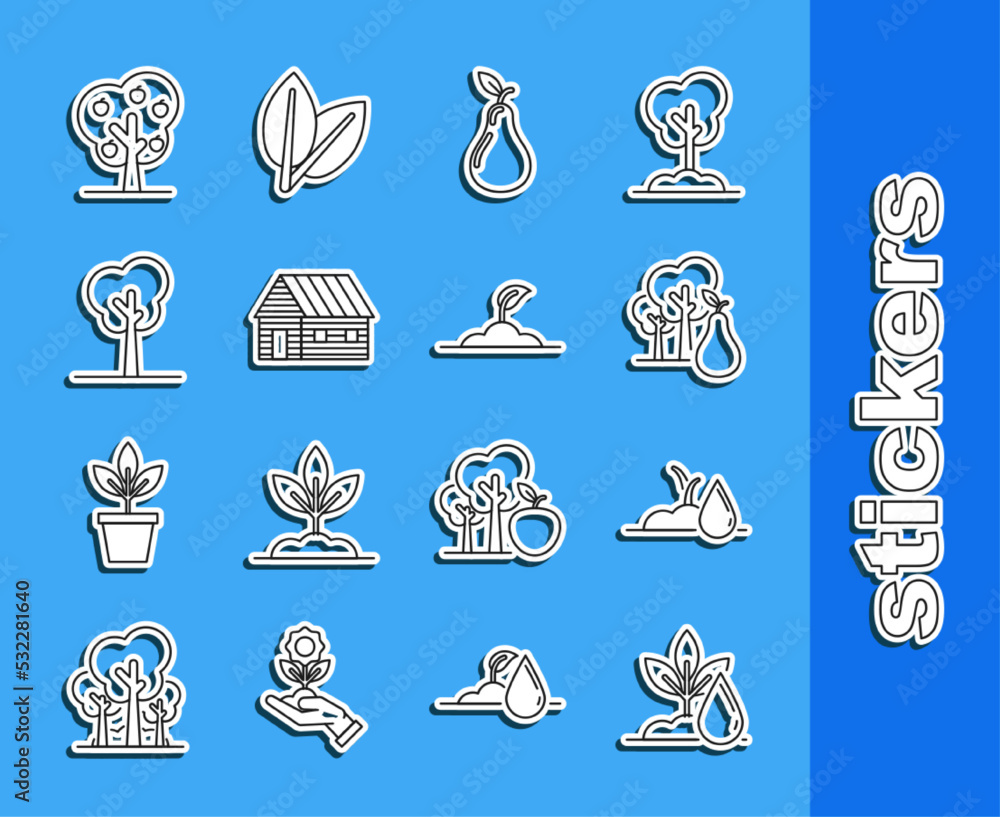 Set line Watering plant, sprout, Tree with pears, Pear, Farm house, apple and Sprout icon. Vector Set line Watering plant, sprout, Tree with pears, Pear, Farm house, apple and Sprout icon. Vector