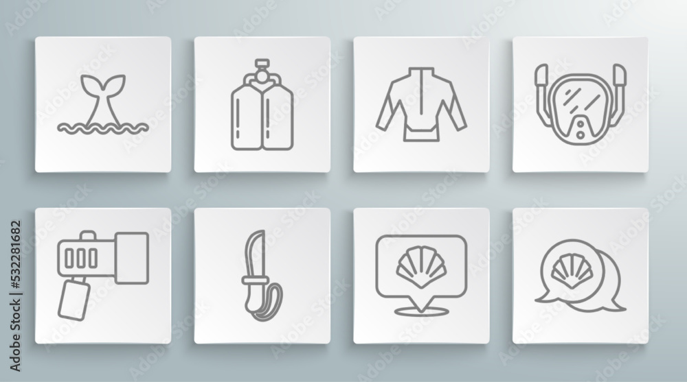 Set line Flashlight, Aqualung, Knife, Scallop sea shell, Wetsuit, Diving mask and Whale tail ocean wave icon. Vector Set line Flashlight, Aqualung, Knife, Scallop sea shell, Wetsuit, Diving mask and Whale tail ocean wave icon. Vector