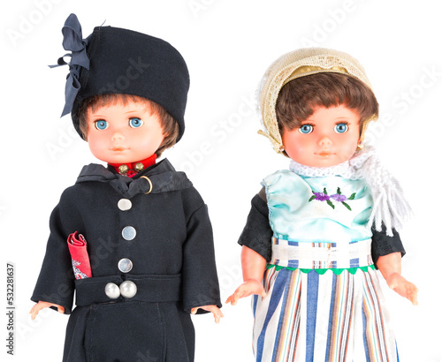 Two puppets with traditional clothes of Urk, a fishing village of the Netherlands isolated on transparent background photo