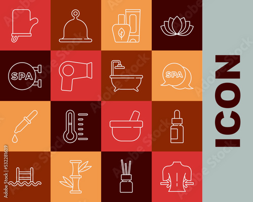 Set line Massage, Essential oil bottle, Spa salon, Ointment cream tube, Hair dryer, Sauna mittens and Bathtub icon. Vector