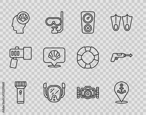 Set line Flashlight, Location with anchor, Gauge scale, Diving mask, Scallop sea shell, Photo camera and Fishing harpoon icon. Vector