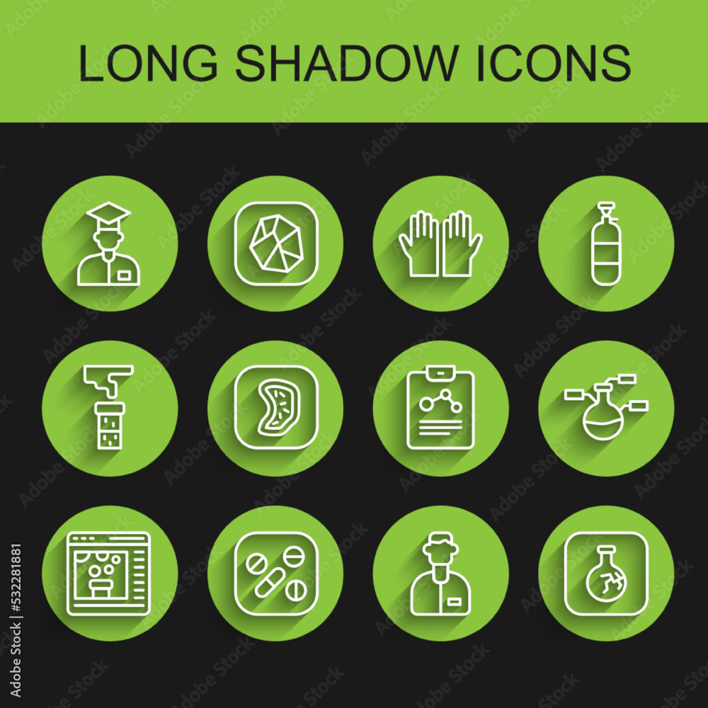 Set line Chemical online, Medicine pill or tablet, Laboratory assistant, Cracked flask, Bacteria, Test tube and and Chemistry report icon. Vector Set line Chemical online, Medicine pill or tablet, Laboratory assistant, Cracked flask, Bacteria, Test tube and and Chemistry report icon. Vector