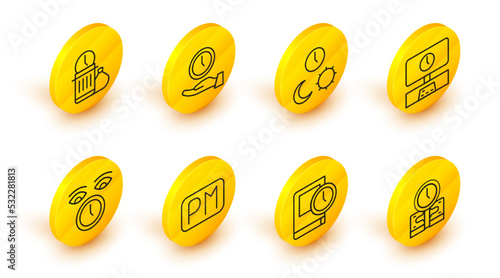 Set line Time is money, for book, Day time, Clock, Smart Tv, and night with, and Waste of icon. Vector