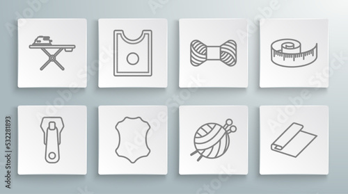 Set line Zipper, Sewing Pattern, Leather, Yarn ball with knitting needles, Textile fabric roll, thread on spool, Tape measure and Electric iron and ironing board icon. Vector