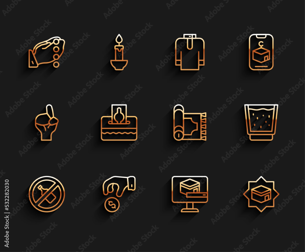 Set line No alcohol, Donate or pay your zakat, Hands in praying position, Kaaba mosque, Glass with water and Traditional carpet icon. Vector Set line No alcohol, Donate or pay your zakat, Hands in praying position, Kaaba mosque, Glass with water and Traditional carpet icon. Vector