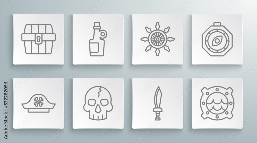 Set line Pirate hat, Alcohol drink Rum, Skull, sword, Ship porthole with seascape, steering wheel, Compass and Antique treasure chest icon. Vector Set line Pirate hat, Alcohol drink Rum, Skull, sword, Ship porthole with seascape, steering wheel, Compass and Antique treasure chest icon. Vector