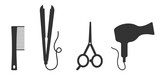 black and white hairdresser tools. Barber shop icon set, outline thin line isolated vector sign symbol