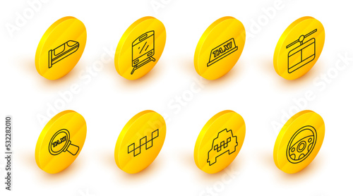 Set line Steering wheel, Taxi car, roof, Magnifying glass and taxi, Cable, Train and High-speed train icon. Vector
