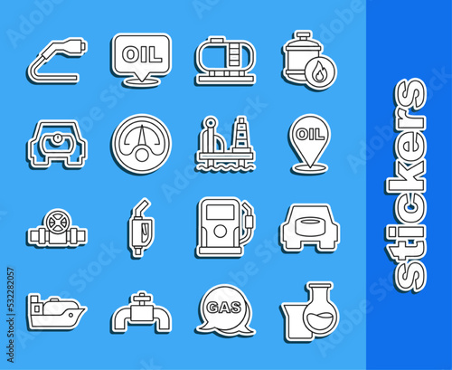 Set line Oil petrol test tube, Spare wheel in the car, Refill fuel location, tank storage, Motor gas gauge, Gas for vehicle, Electrical cable plug charging and platform sea icon. Vector